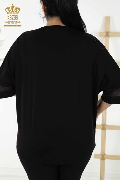 Bluză de damă cu ridicata cu detaliu din tul Negru - 79065 | KAZEE - Thumbnail