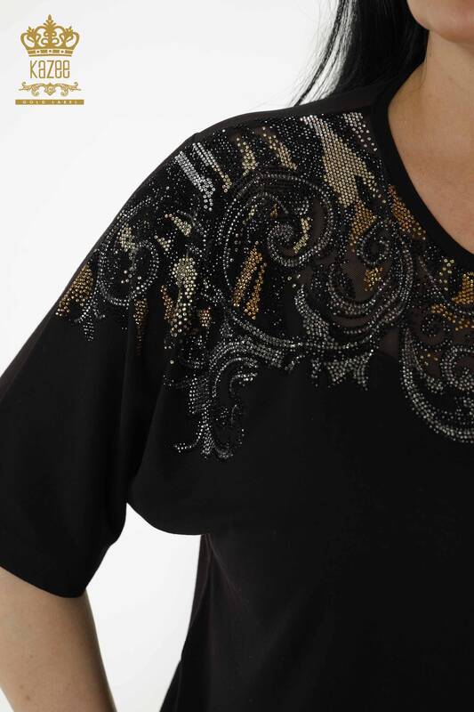Bluză de damă cu ridicata cu detaliu din tul Negru - 79085 | KAZEE