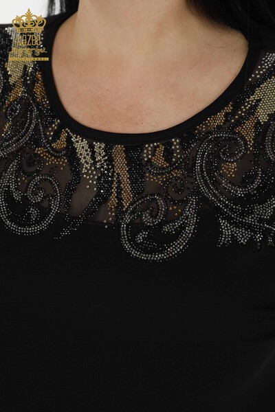 Bluză de damă cu ridicata cu detaliu din tul Negru - 79085 | KAZEE - Thumbnail