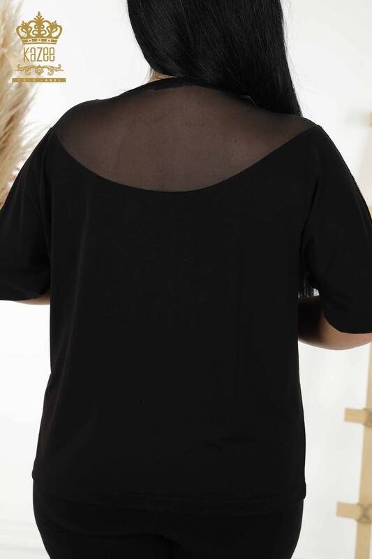 Bluză de damă cu ridicata cu detaliu din tul Negru - 79085 | KAZEE