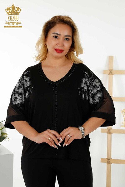 Bluză de damă cu ridicata cu detaliu din tul Negru - 79096 | KAZEE - Thumbnail