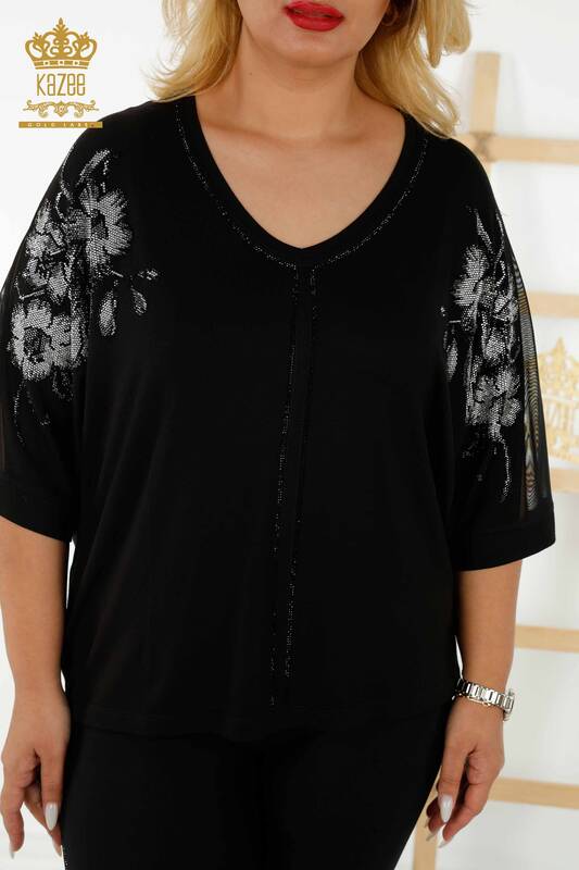 Bluză de damă cu ridicata cu detaliu din tul Negru - 79096 | KAZEE