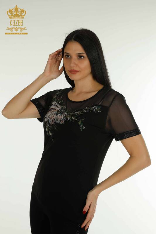 Bluză de damă cu ridicata cu detaliu din tul Negru - 79106 | KAZEE