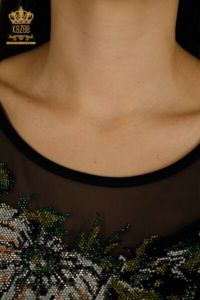 Bluză de damă cu ridicata cu detaliu din tul Negru - 79106 | KAZEE - Thumbnail