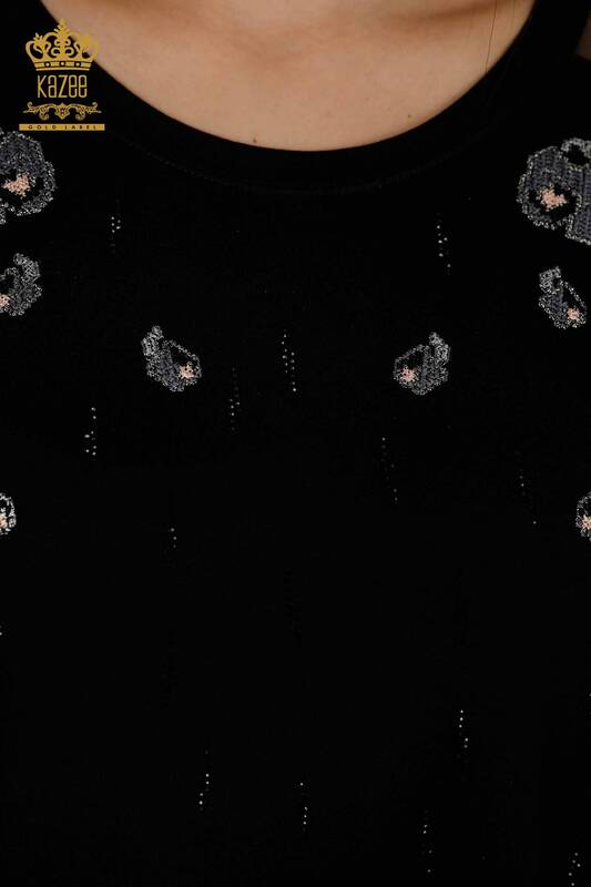 Bluză de damă cu ridicata cu detaliu din tul Negru - 79136 | KAZEE
