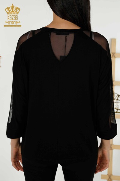 Bluză de damă cu ridicata cu detaliu din tul Negru - 79136 | KAZEE - Thumbnail