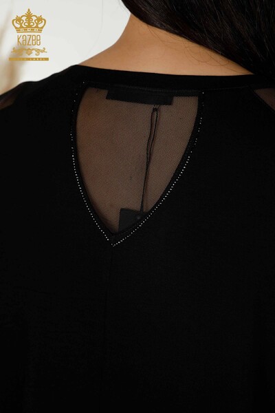 Bluză de damă cu ridicata cu detaliu din tul Negru - 79136 | KAZEE - Thumbnail