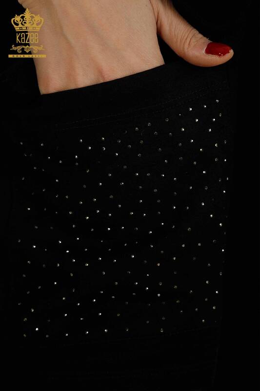 Bluză de damă cu ridicata cu detaliu din tul Negru - 79298 | KAZEE