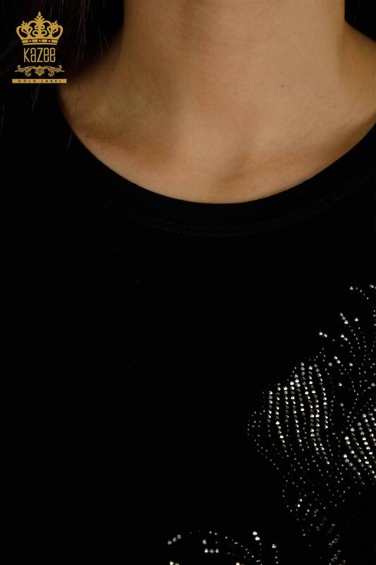 Bluză de damă cu ridicata cu detaliu din tul Negru - 79298 | KAZEE