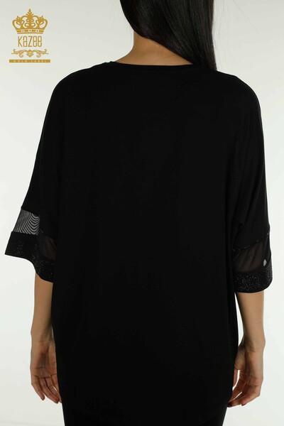 Bluză de damă cu ridicata cu detaliu din tul Negru - 79298 | KAZEE - Thumbnail