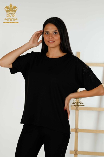 Bluză de damă cu ridicata cu detaliu din tul Negru - 79390 | KAZEE - Thumbnail