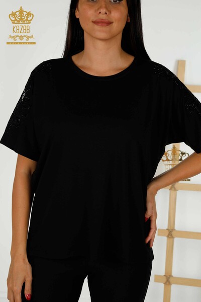 Bluză de damă cu ridicata cu detaliu din tul Negru - 79390 | KAZEE - Thumbnail