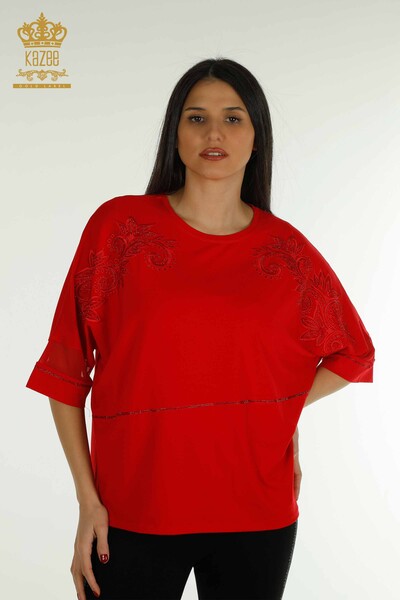 Bluză de damă cu ridicata cu detaliu din tul roșu - 79051 | KAZEE - Thumbnail