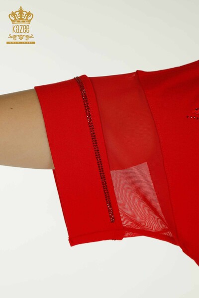 Bluză de damă cu ridicata cu detaliu din tul roșu - 79051 | KAZEE - Thumbnail