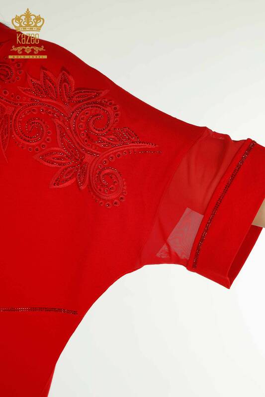 Bluză de damă cu ridicata cu detaliu din tul roșu - 79051 | KAZEE