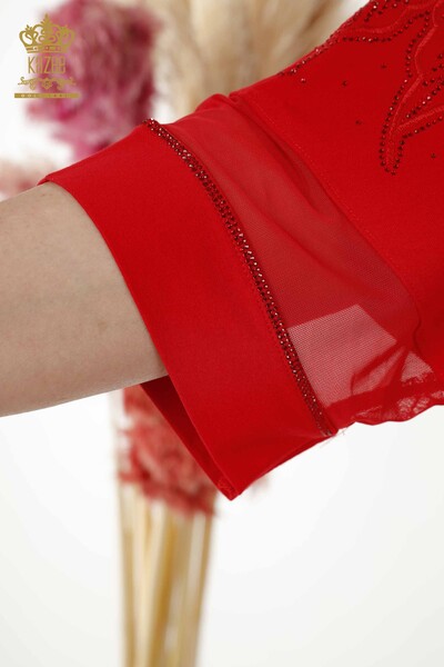 Bluză de damă cu ridicata cu detaliu din tul roșu - 79065 | KAZEE - Thumbnail