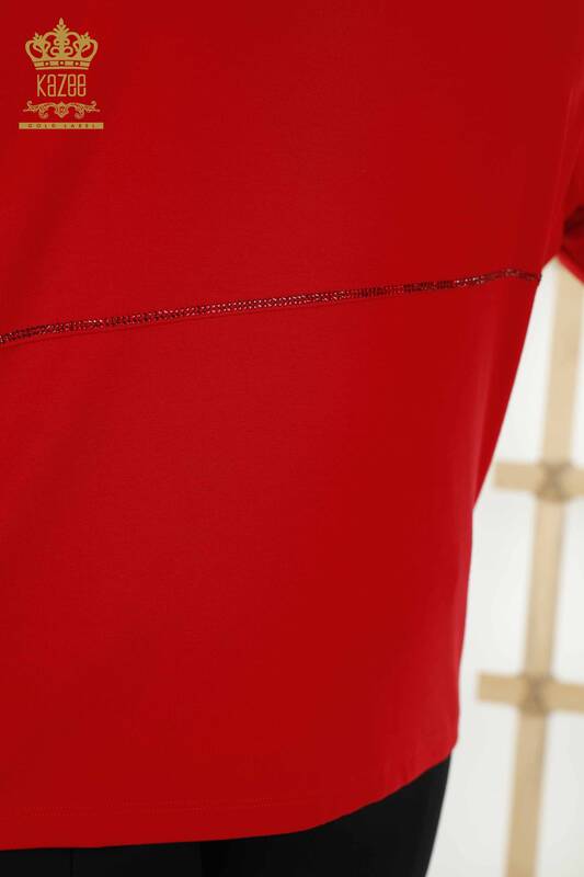 Bluză de damă cu ridicata cu detaliu din tul roșu - 79065 | KAZEE