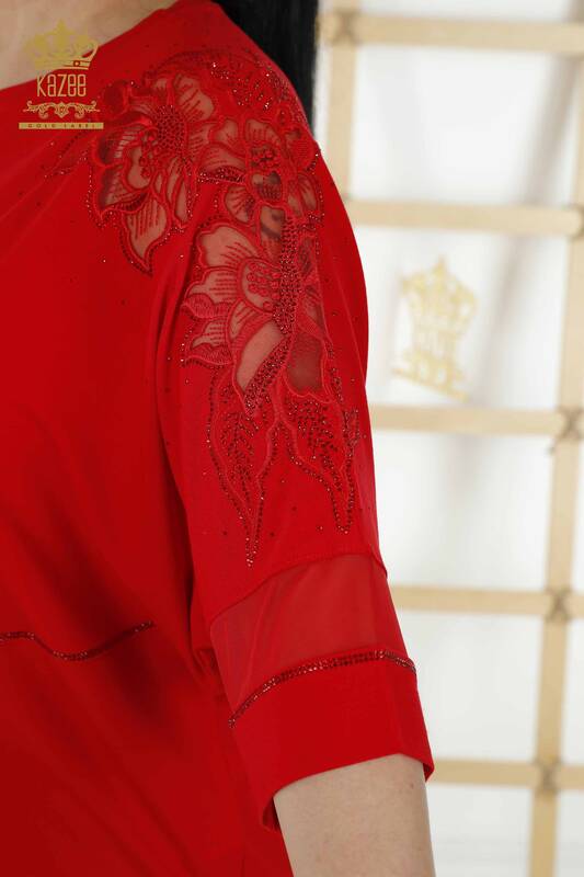 Bluză de damă cu ridicata cu detaliu din tul roșu - 79065 | KAZEE