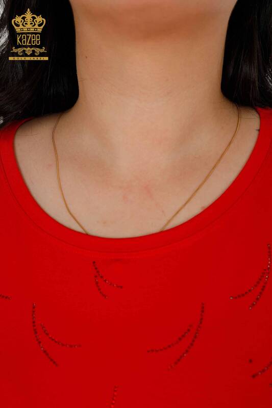 Bluză de damă cu ridicata cu detaliu din tul roșu - 79086 | KAZEE