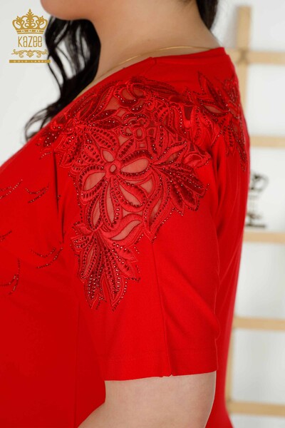 Bluză de damă cu ridicata cu detaliu din tul roșu - 79086 | KAZEE - Thumbnail