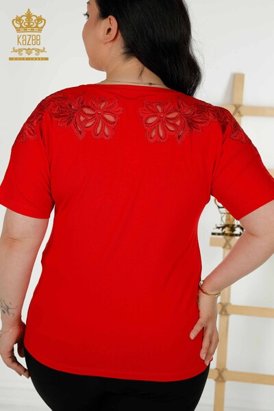 Bluză de damă cu ridicata cu detaliu din tul roșu - 79086 | KAZEE - Thumbnail
