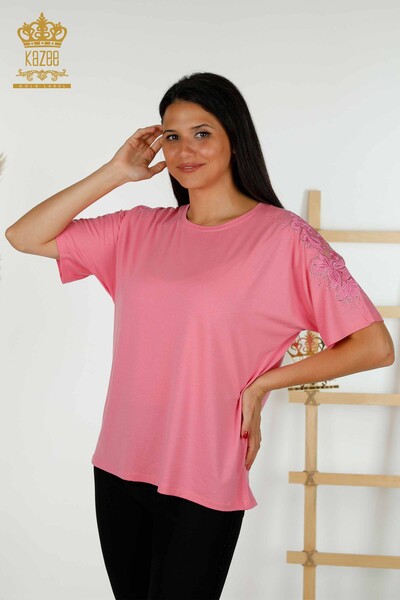 Bluză de damă cu ridicata cu detaliu din tul roz - 79390 | KAZEE - Thumbnail
