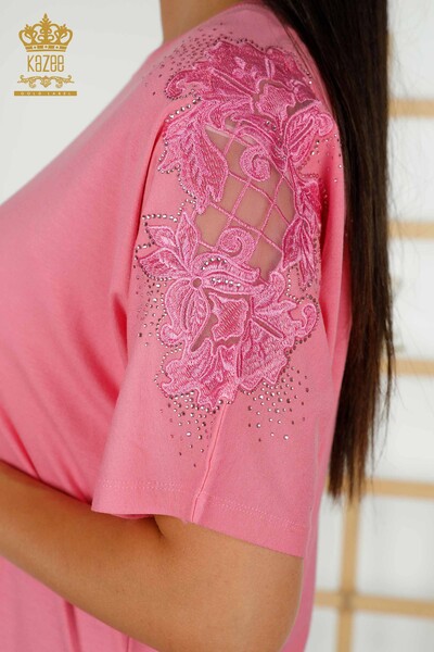 Bluză de damă cu ridicata cu detaliu din tul roz - 79390 | KAZEE - Thumbnail