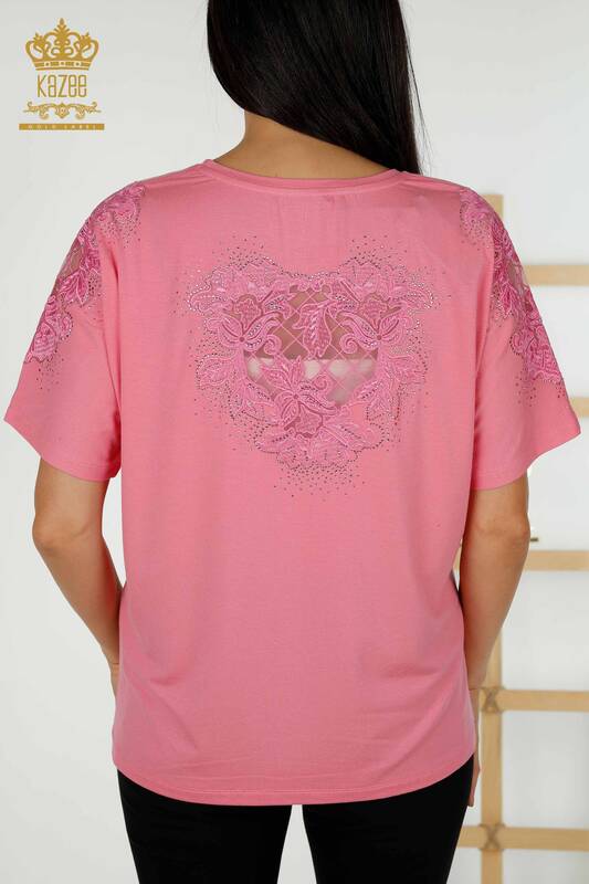 Bluză de damă cu ridicata cu detaliu din tul roz - 79390 | KAZEE