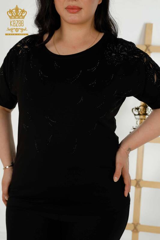 Bluză de damă cu ridicata cu detaliu din tul Negru - 79086 | KAZEE