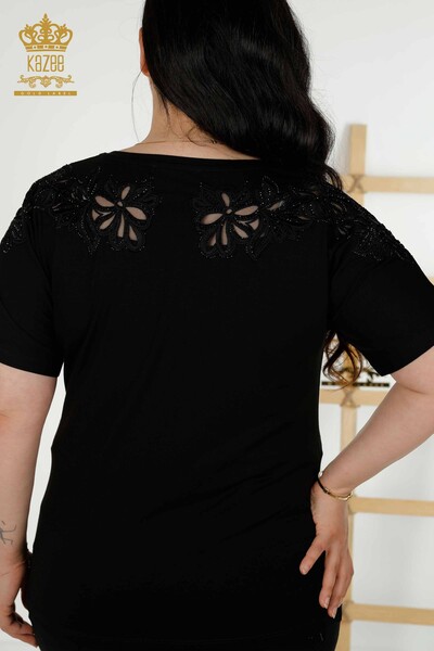 Bluză de damă cu ridicata cu detaliu din tul Negru - 79086 | KAZEE - Thumbnail