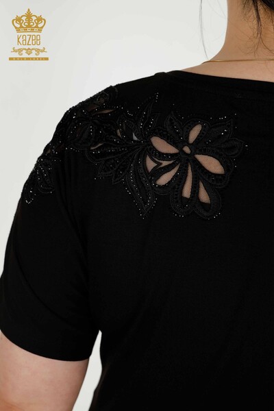 Bluză de damă cu ridicata cu detaliu din tul Negru - 79086 | KAZEE - Thumbnail
