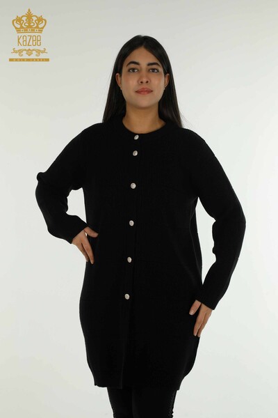 Cardigan lung negru cu găuri pentru femei - 30643 | KAZEE - Thumbnail
