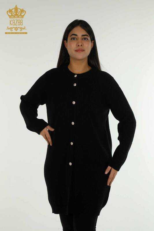 Cardigan lung negru cu găuri pentru femei - 30643 | KAZEE
