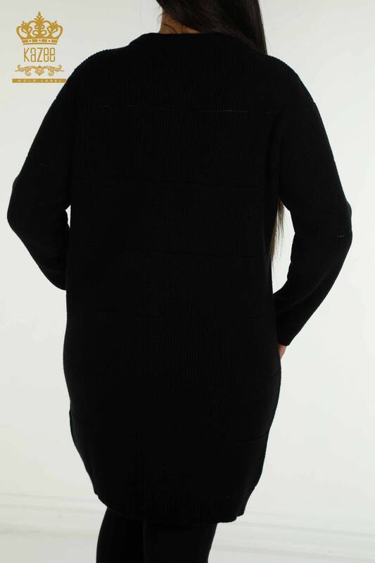 Cardigan lung negru cu găuri pentru femei - 30643 | KAZEE