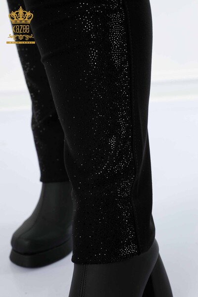 Pantaloni de damă cu ridicata cu jambiere negri cu broderie cu pietre de cristal - 3602 | KAZEE - Thumbnail