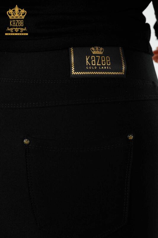 Pantaloni cu ridicata pentru damă, cu piatră, brodate negru - 3611 | KAZEE