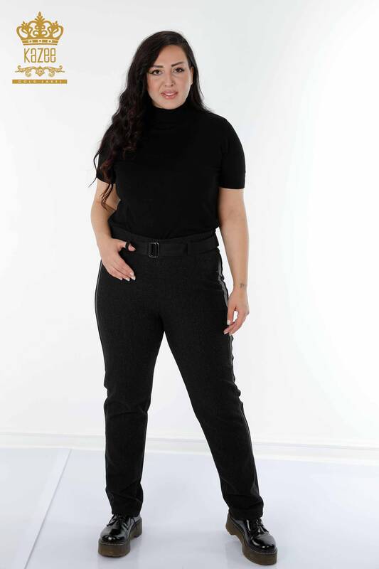 Pantaloni de damă cu ridicata cu centură de piele neagră - 3658 | KAZEE
