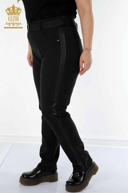Pantaloni de damă cu ridicata cu centură de piele neagră - 3658 | KAZEE