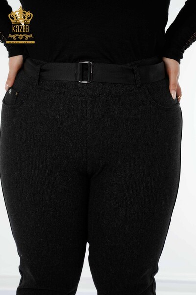 Pantaloni de damă cu ridicata cu jambiere negri cu curea - 3661 | KAZEE - Thumbnail
