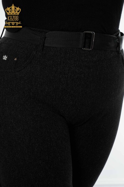 Pantaloni de damă cu ridicata cu jambiere negri cu curea - 3661 | KAZEE - Thumbnail