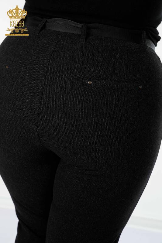 Pantaloni de damă cu ridicata cu jambiere negri cu curea - 3661 | KAZEE
