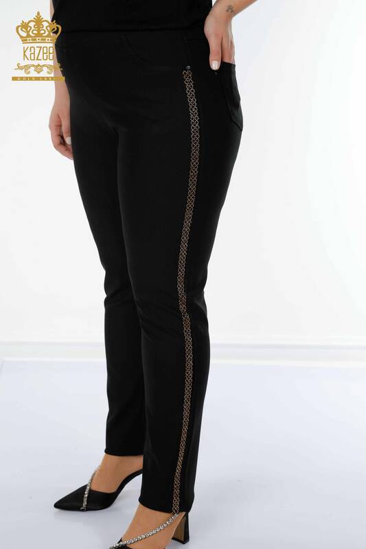 Pantaloni de damă cu ridicata cu detaliu de buzunar negru - 3593 | KAZEE