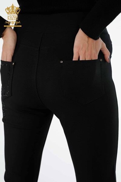 Pantaloni en-gros de damă cu jambiere cu buzunare brodate cu piatră de trandafir - 3635 | KAZEE - Thumbnail