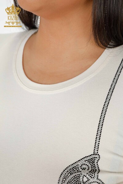 Bluză de damă cu ridicata cu piatră brodata cu gâtul turnat Ecru - 79000 | KAZEE - Thumbnail