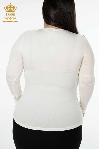 Bluză de damă cu ridicata cu piatră brodata cu gâtul turnat Ecru - 79000 | KAZEE - Thumbnail