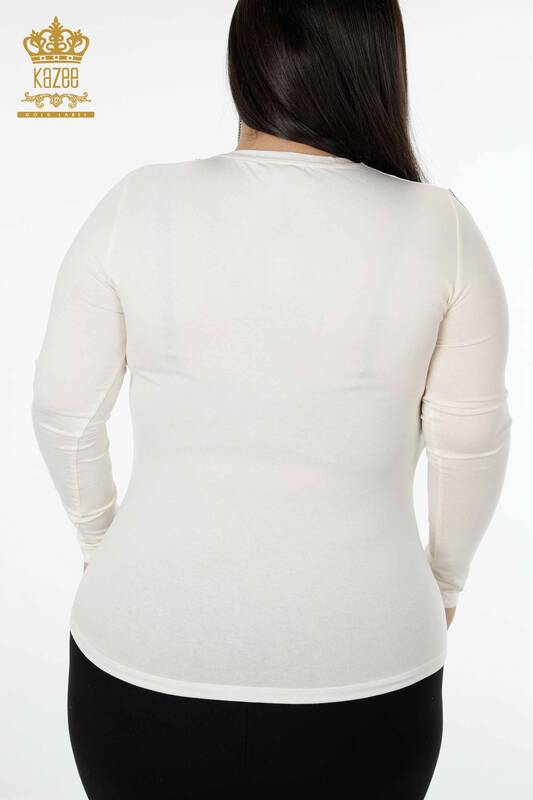 Bluză de damă cu ridicata cu piatră brodata cu gâtul turnat Ecru - 79000 | KAZEE