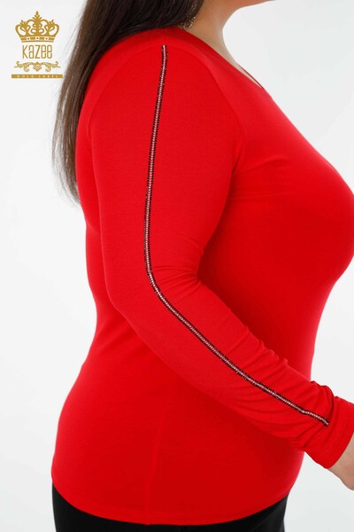 Bluză de damă cu ridicata cu piatră brodata cu gât roșu - 79000 | KAZEE - Thumbnail