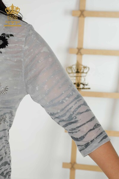 Bluză de damă cu ridicata cu piatră brodata gri - 79138 | KAZEE - Thumbnail