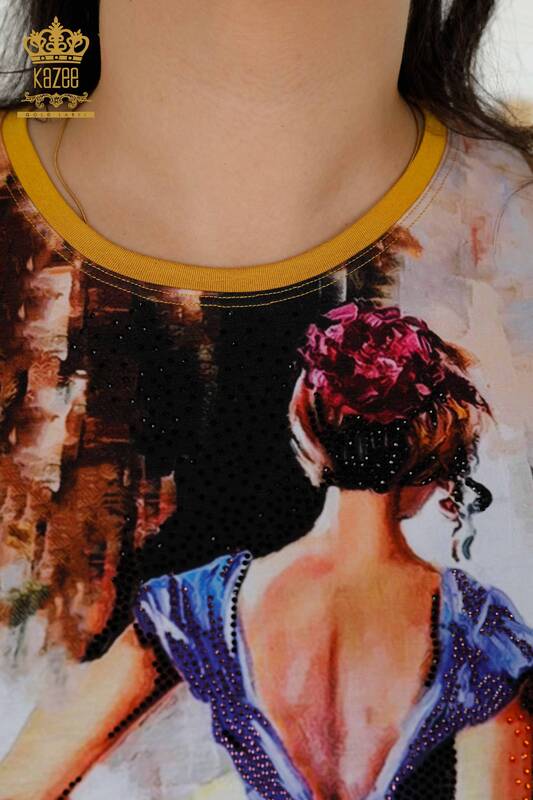 Bluză de damă cu ridicata cu piatră brodata digitală - 12092 | KAZEE