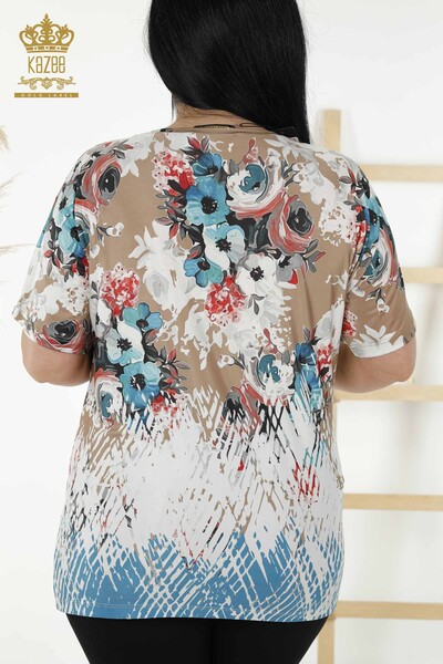 Bluză de damă cu ridicata cu piatră brodata maro - 12018 | KAZEE - Thumbnail